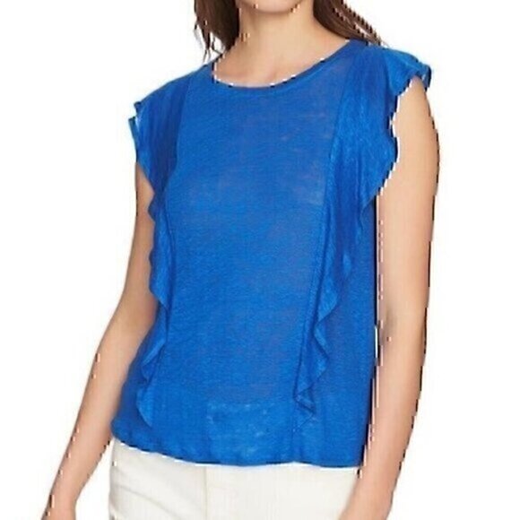 NEW NWT 1.STATE Ruffle Linen Top Bright Blue Short Cap Sleeve 100% LINEN - FLAW - Picture 1 of 8